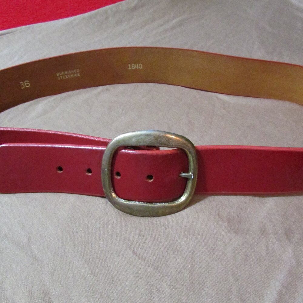 Women’s Red Leather Belt with Rounded Brass-Tone Buckle